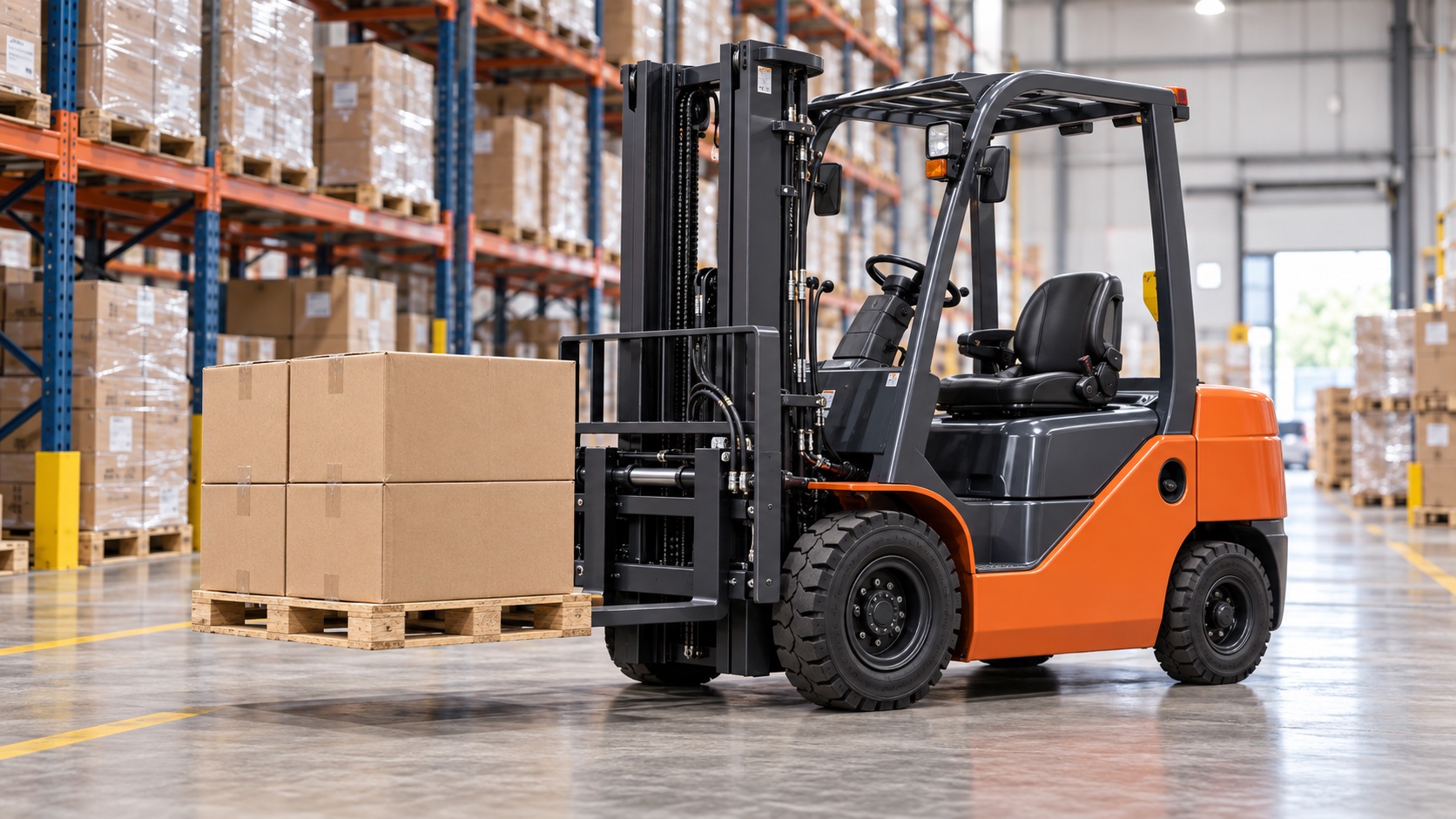 Standard counterbalance forklift with hydraulic side-shift attachment carrying a pallet in a warehouse