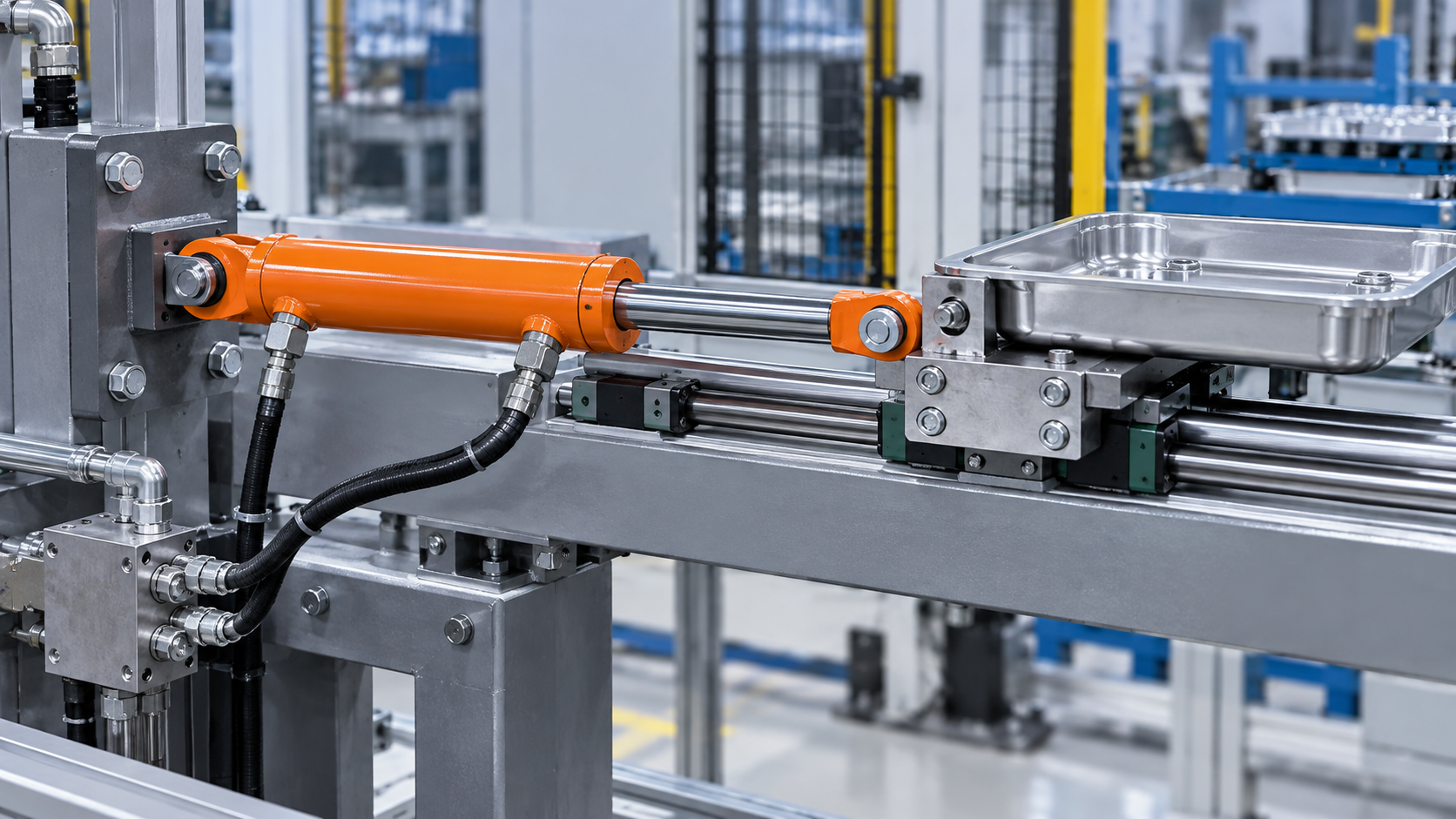 horizontal hydraulic pusher cylinder moving a guided tray on an automation line